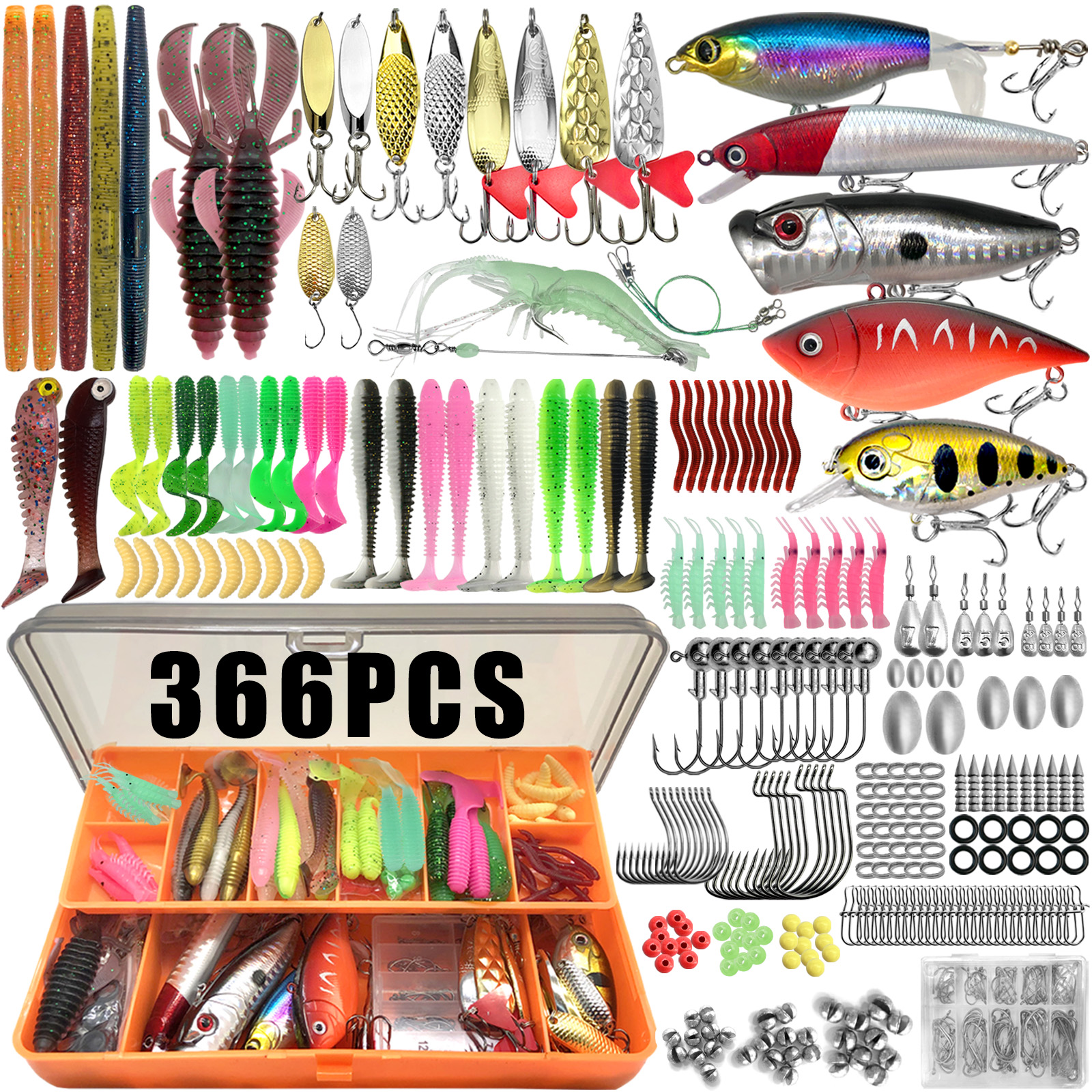 Conjunto de Iscas de Pesca com Caixa, Inclui Iscas de Silicone e Anzóis para Pesca em Água Salgada e Doce