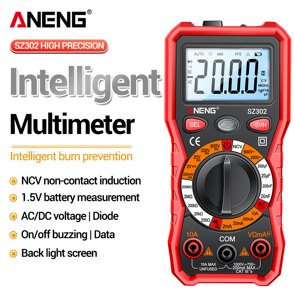 Multímetro Digital Minipa ANENG SZ302 De Uma Peça , 2.000 Contagens True RMS NCV Auto-Scale CAT III 600V Tester AC DC Te