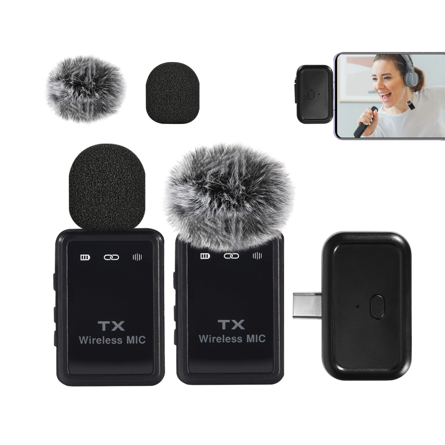  Microfone de Lapela Sem Fio Tipo-C com Cancelamento Inteligente de Ruído para Gravação de Vlog Pro