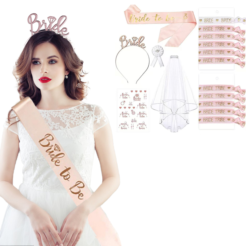 Faixa e Véu para Noiva - Conjunto com alça de glitter dourado rosé, tiara nupcial, faixa de cabeça e pulseiras de “tribo