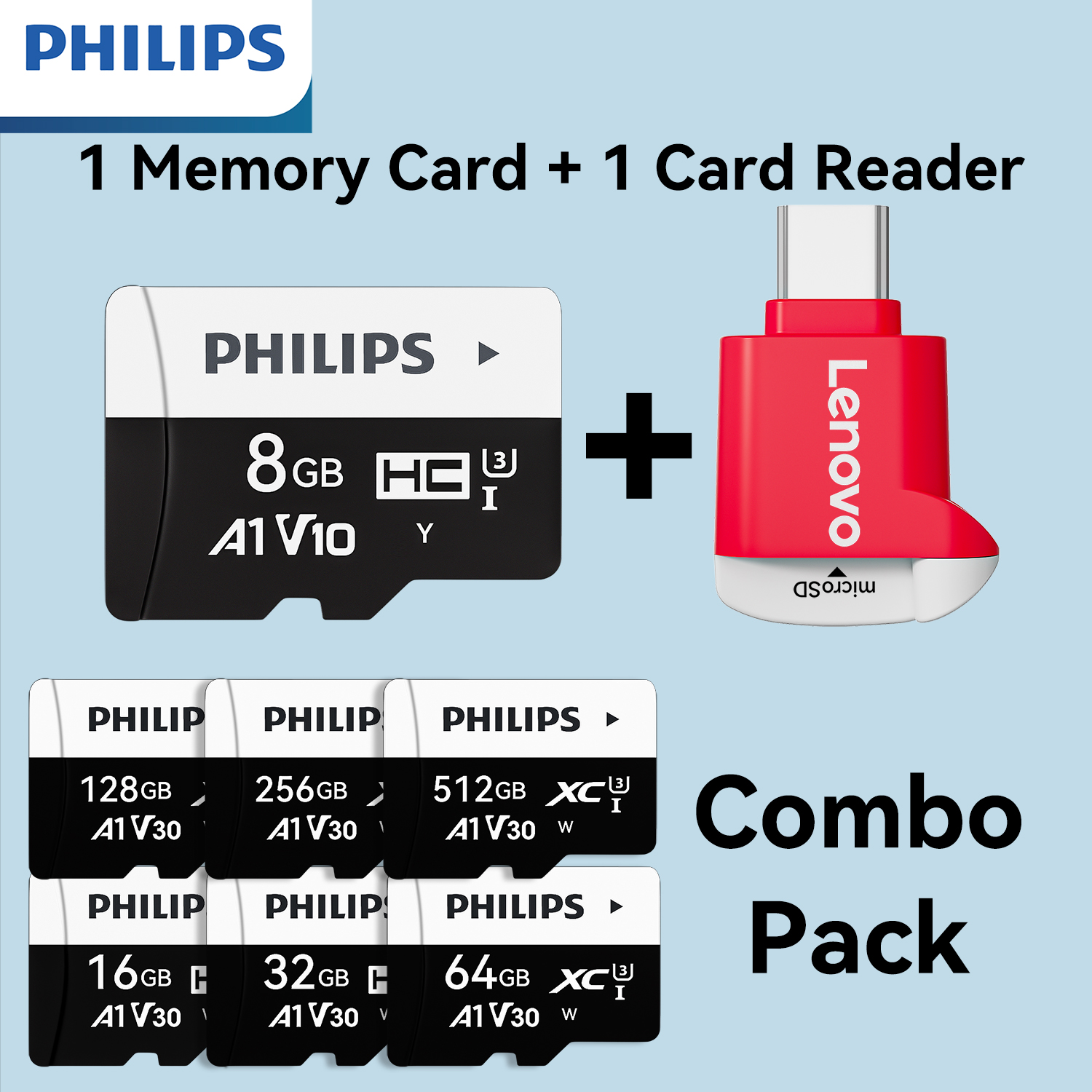 PHILIPS e Lenovo Combo Pack Cartão MicroSD/TF e Leitor de Cartão Tipo-C USB 2.0 Plug and Play Compacto e Portátil para