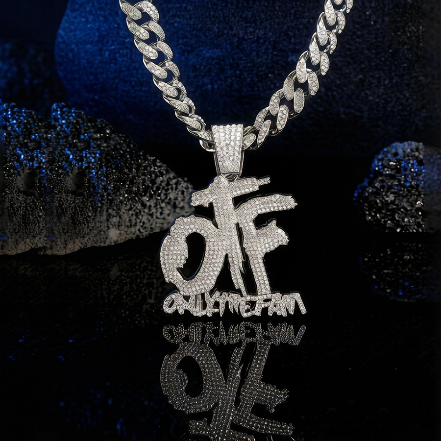 Colar com pingente de letra OTF totalmente cravejado, hip hop masculino, corrente cubana cravejada, joia fashion de rua