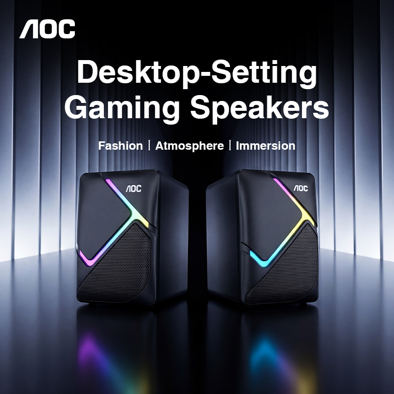 AOC Caixas de Som RGB Gaming 360° Som Surround  Alto-falantes de Gama Completa de Imãs Duplos  Para PC Gaming & Esports