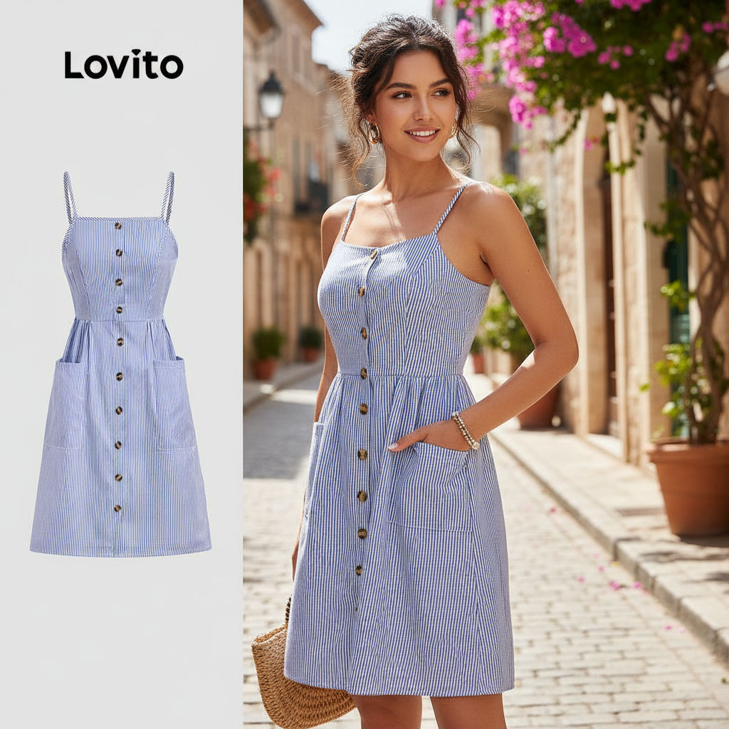 Lovito Vestido Azul Casual Feminino de Primavera/Verão com Botões Frontais e Bolsos Listrado L138ED424 em Oferta na Shopee