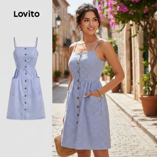 Lovito Vestido Azul Casual Feminino de Primavera/Verão com Botões Frontais e Bolsos Listrado L138ED424 em Oferta na Shopee