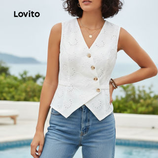 Lovito Blusa Casual Bordada com Ilhós e Botões para Mulheres Branca Primavera/Verão L143AD1885 em Oferta na Shopee