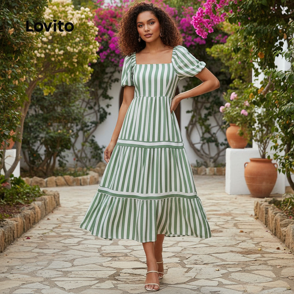 Lovito Vestido Casual feminino com listras laterais LBL23653 em Oferta na Shopee