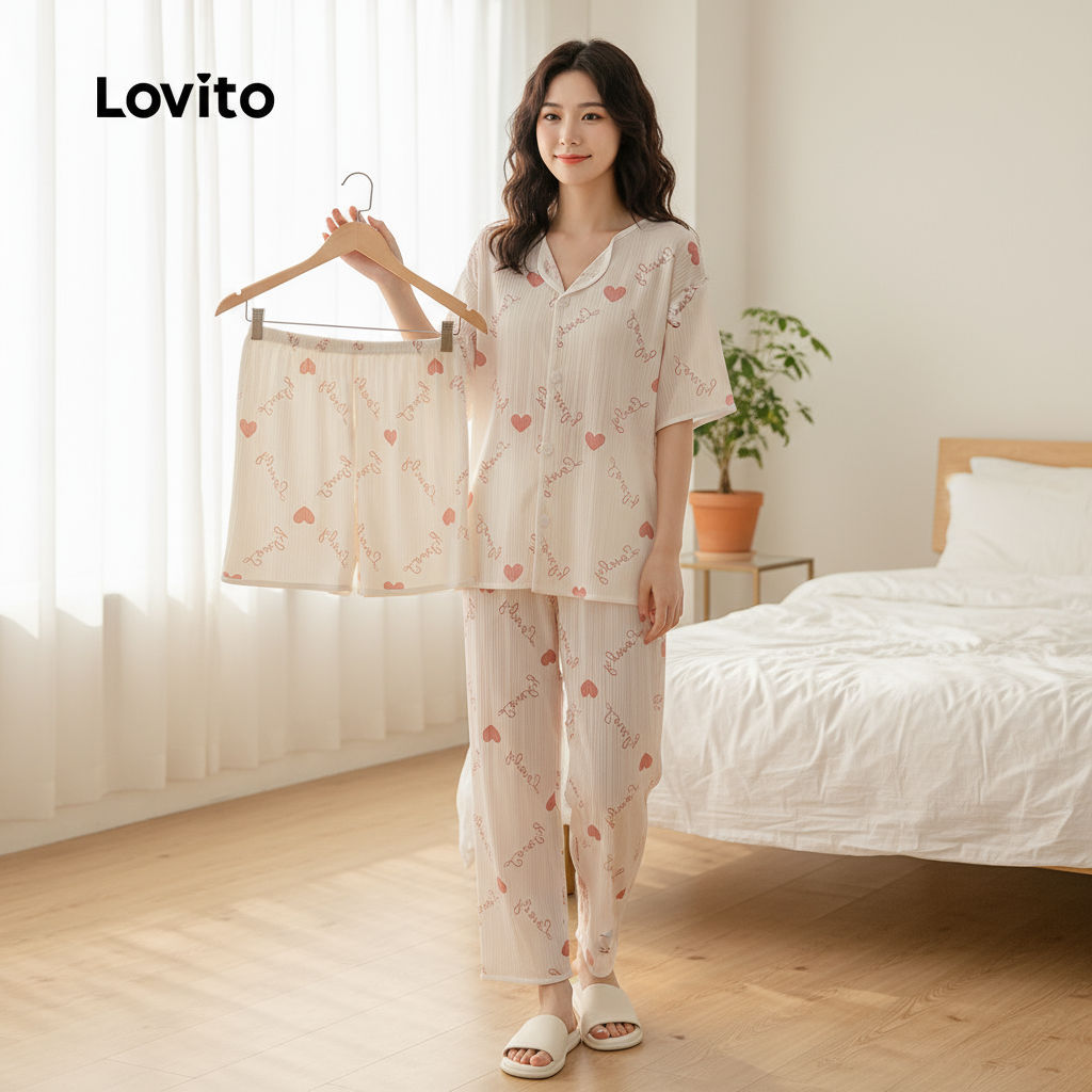 Lovito Pijama Feminino 3 Peças Confortável para Casa com Calça e Short Verão LNE121083 em Oferta na Shopee
