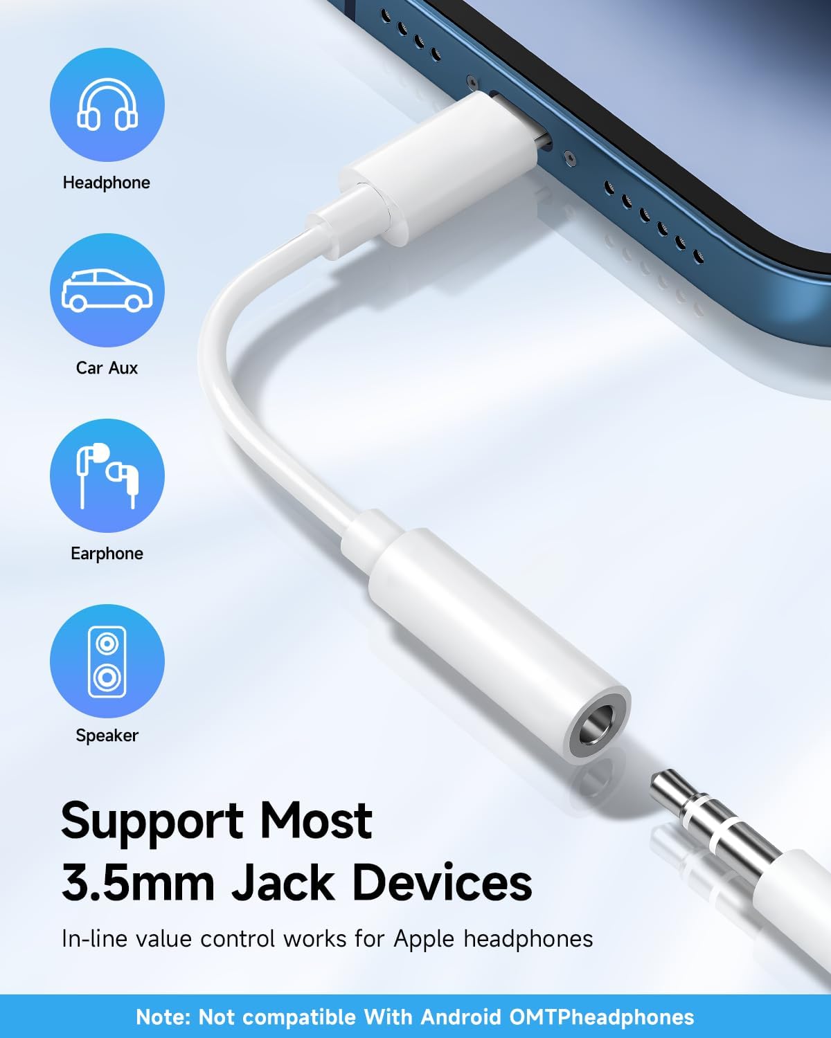 Adaptador de Fone de Ouvido Bluetooth, Adaptador Jack 3.5mm para Fone de Ouvido iPhone 11, Splitter Auxiliar para