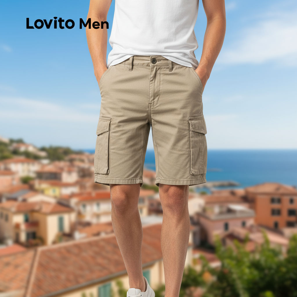 Lovito Bermudas Masculinas de Bolso Casual para Todas as Estações em Caqui LNE110109 em Oferta na Shopee