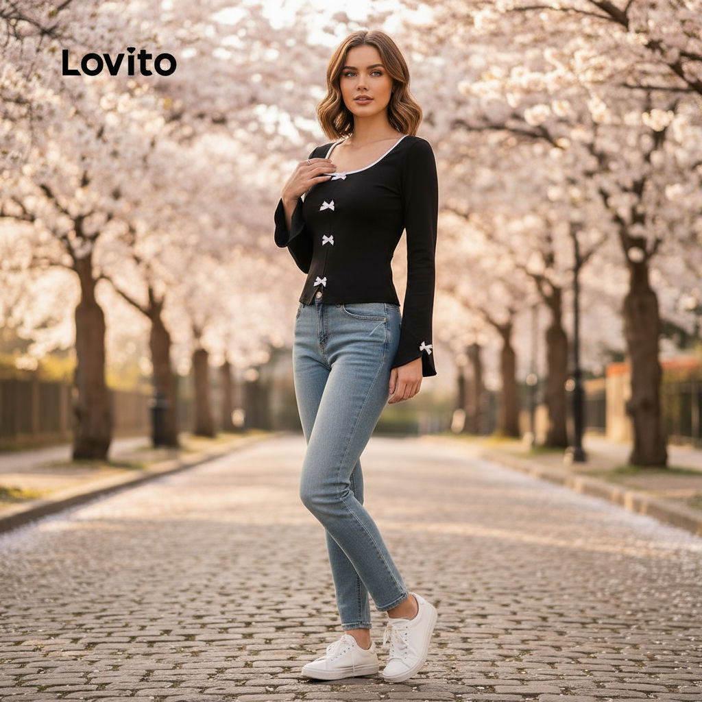 Lovito Blusa Feminina Casual Preta com Laço Inverno Outono L156AD084 em Oferta na Shopee