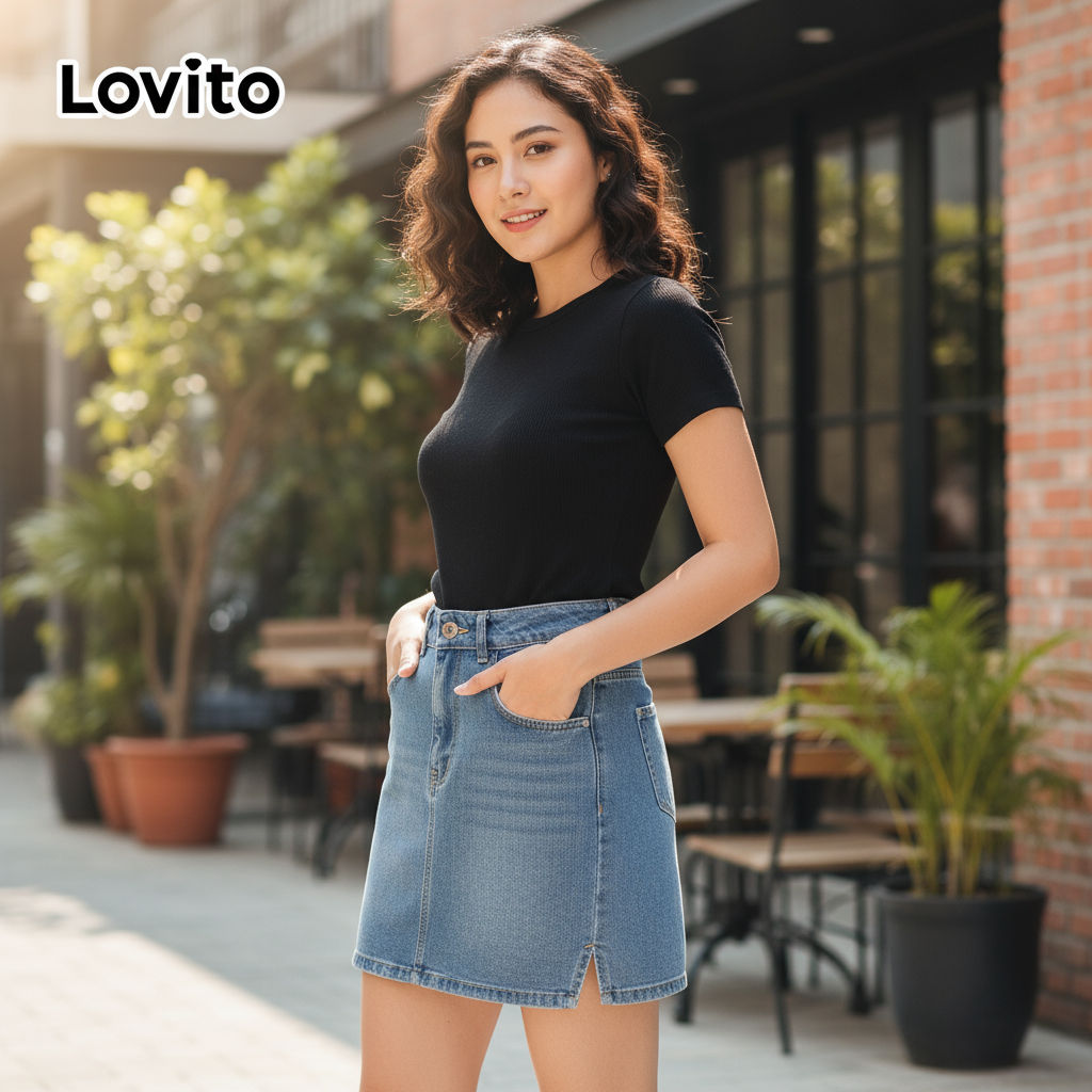 Lovito Refine Casual Verão/Primavera Curto Jeans Liso Dupla Camada Feminino L87ED375 (Multicolorido) em Oferta na Shopee