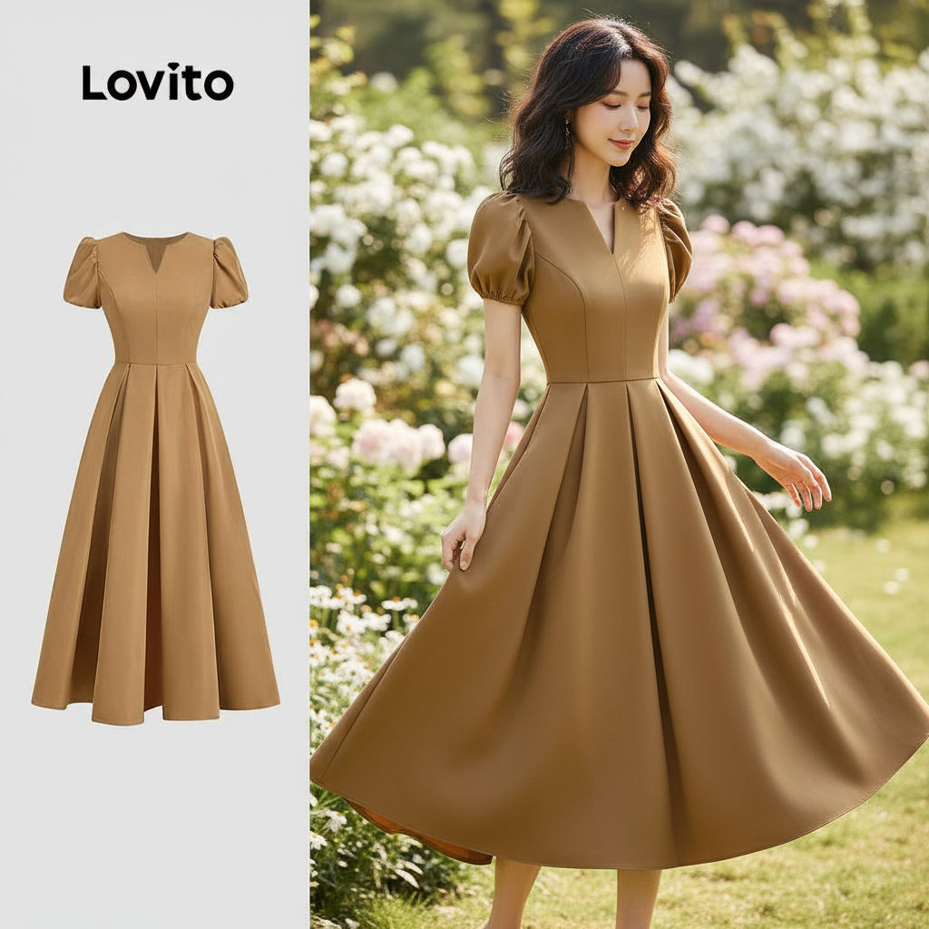 Lovito Vestido sofisticado com babados e corte reto para primavera verão marrom L143ED396 em Oferta na Shopee