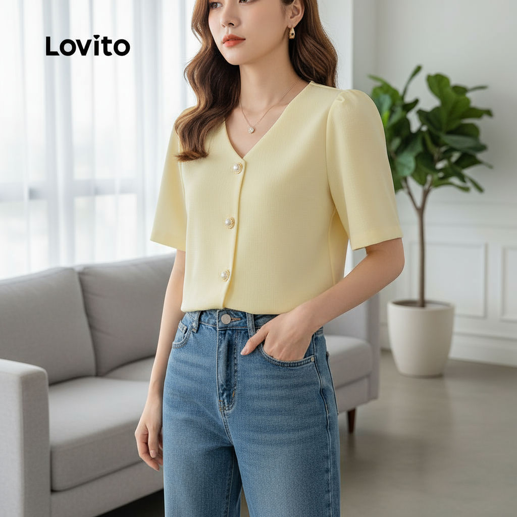 Lovito Blusa Feminina Elegante Amarela Com Botões Frontais Para Primavera Verão L137LD167 em Oferta na Shopee