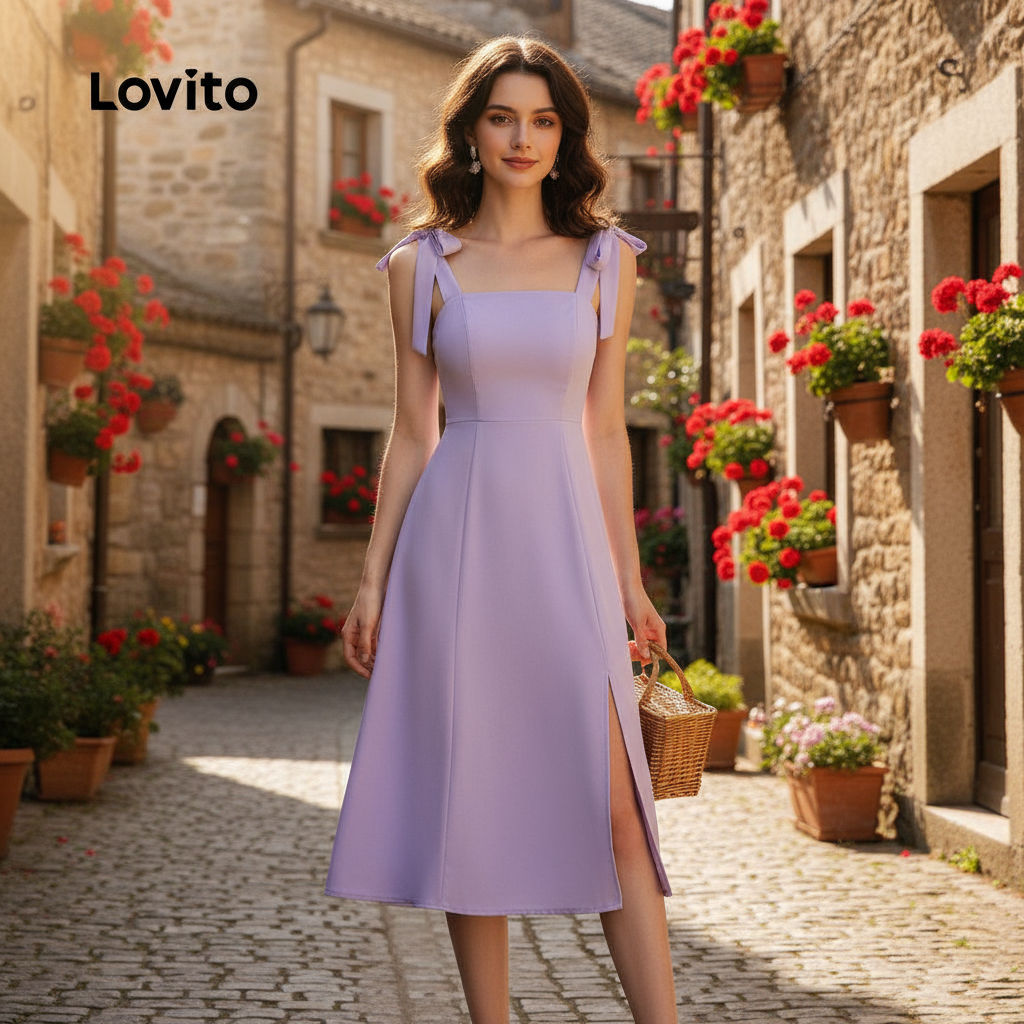 Lovito Vestido Feminino Básico com Laço Frontal L129ED331 em Oferta na Shopee