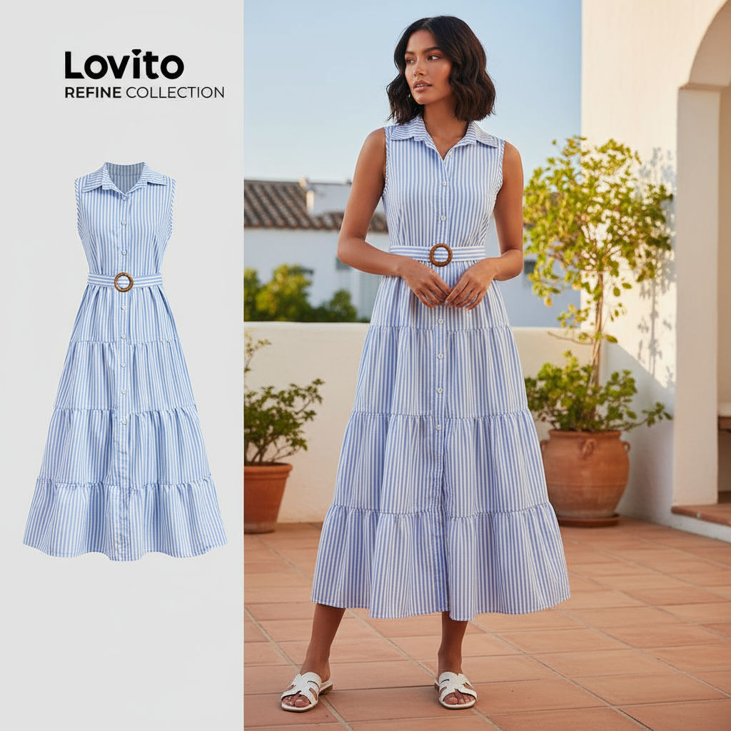Lovito Refine Vestido Feminino Elegante com Cinto Primavera Verão Multicolor LR21L017