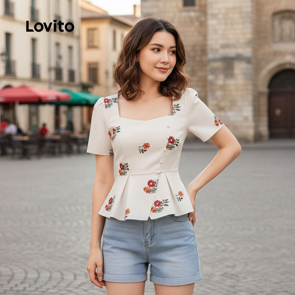 Lovito Camisa Feminina Casual com Babados e Botões Primavera/Verão Branca L150AD1610 em Oferta na Shopee