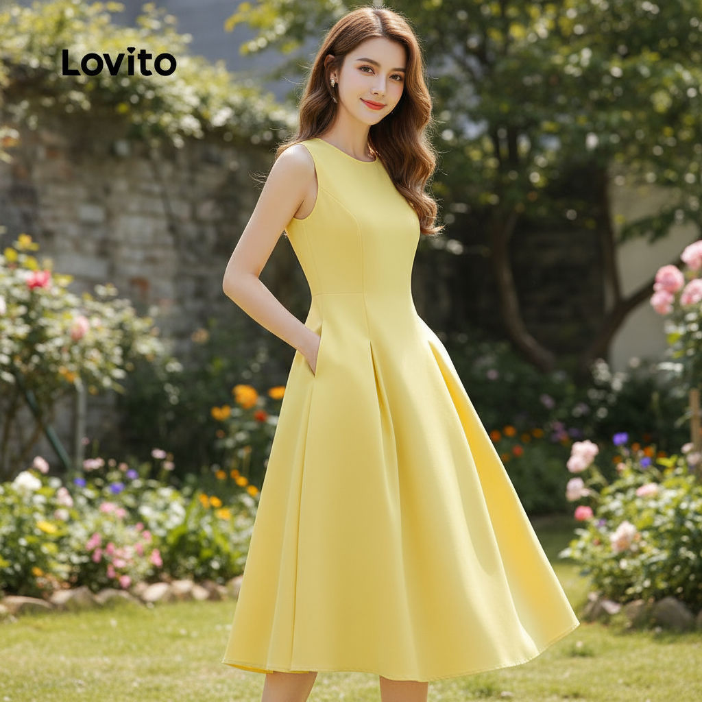 Lovito Vestido Casual Amarelo com Bolso para Mulheres L158AD1685