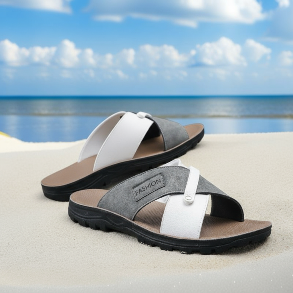 Slides Masculinos Brancos/Cinzas com Alças Cruzadas e Logo Letra, Tendência de Rua Verão