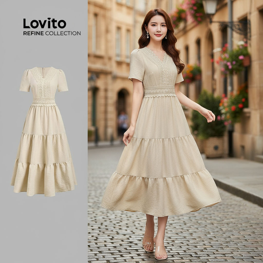 Lovito Refine Vestido Feminino Boho Renda Primavera Verão Caqui LR23E048 em Oferta na Shopee