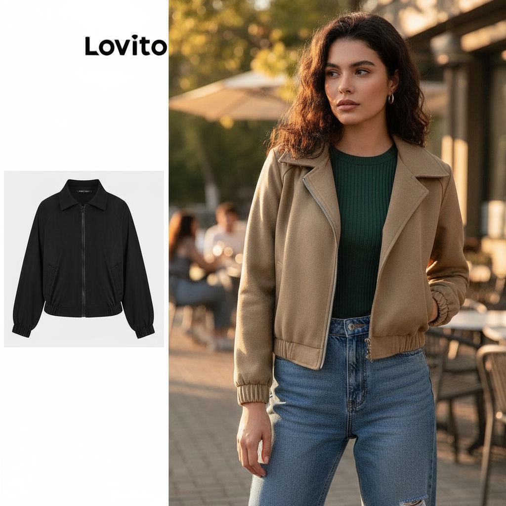Lovito Jaqueta Feminina Lisa com Zíper para Uso Casual LNE30129 (Marrom) em Oferta na Shopee