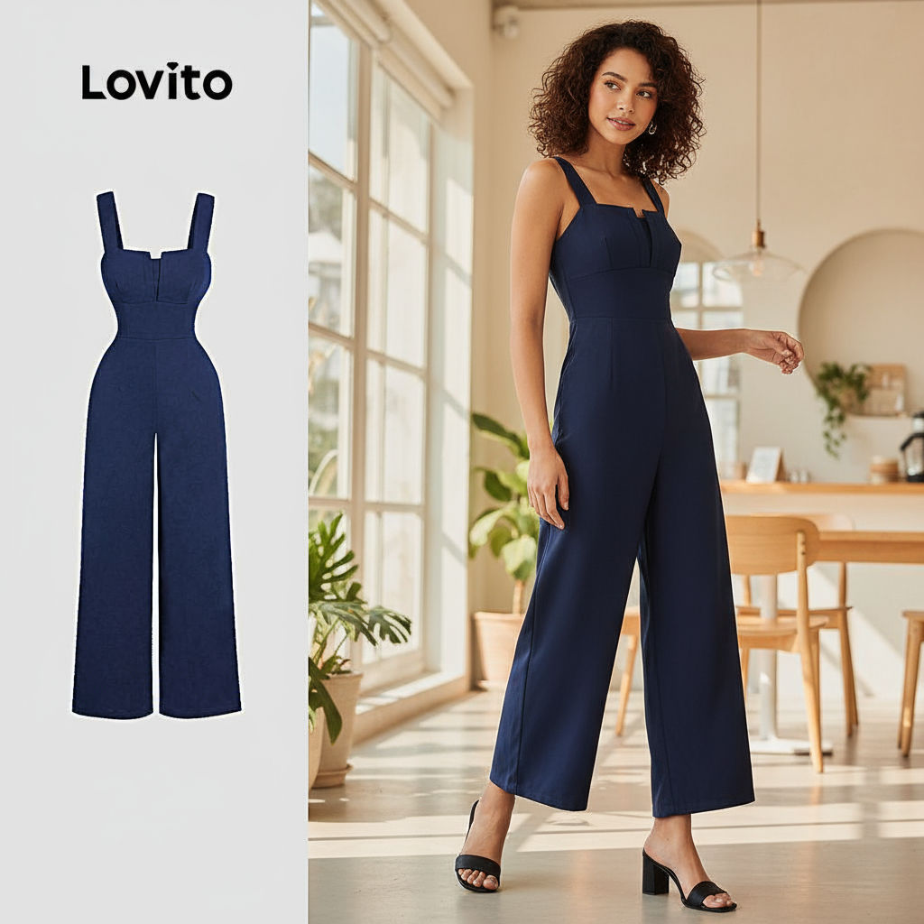 Lovito Macacão feminino liso plissado estilo casual L131ED043 em Oferta na Shopee