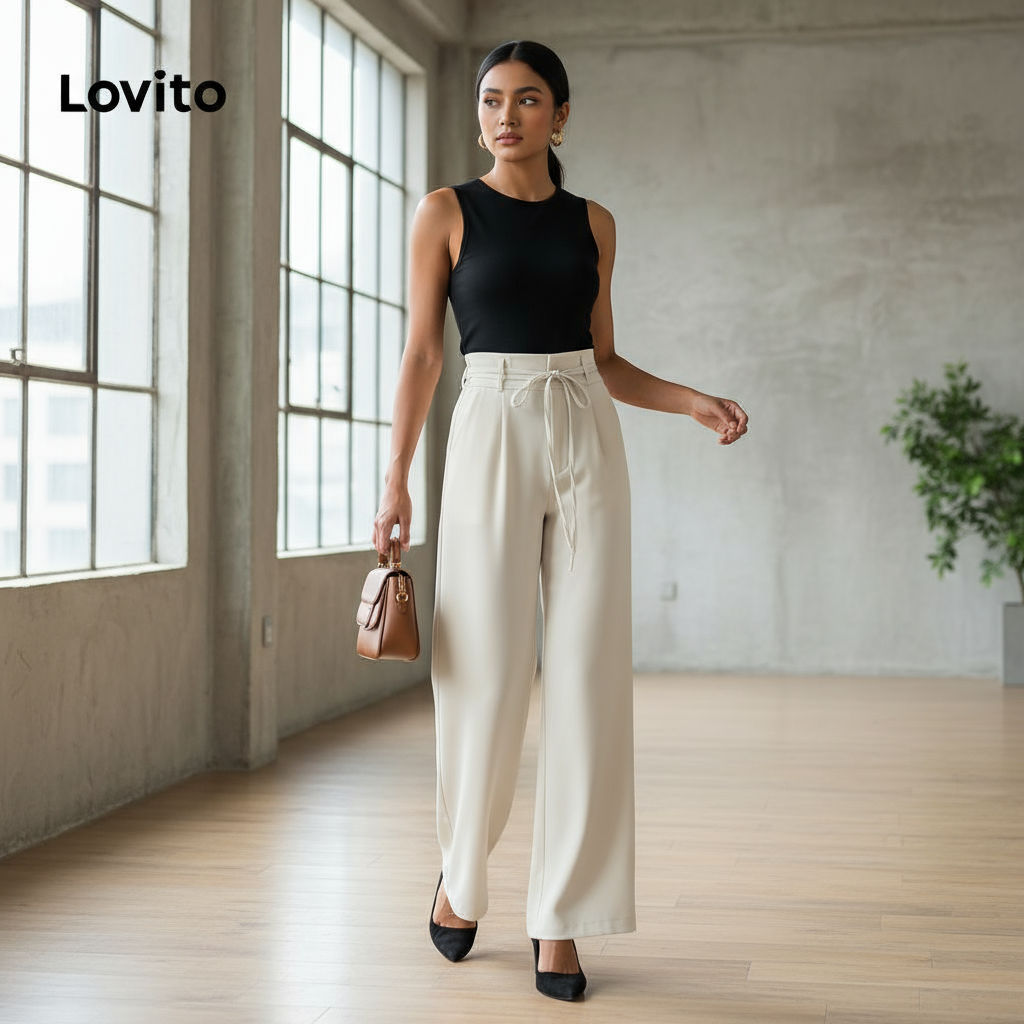 Lovito Calça Feminina Lisa Com Cadarço Elegante LNE31118 (Marrom/Preto) em Oferta na Shopee