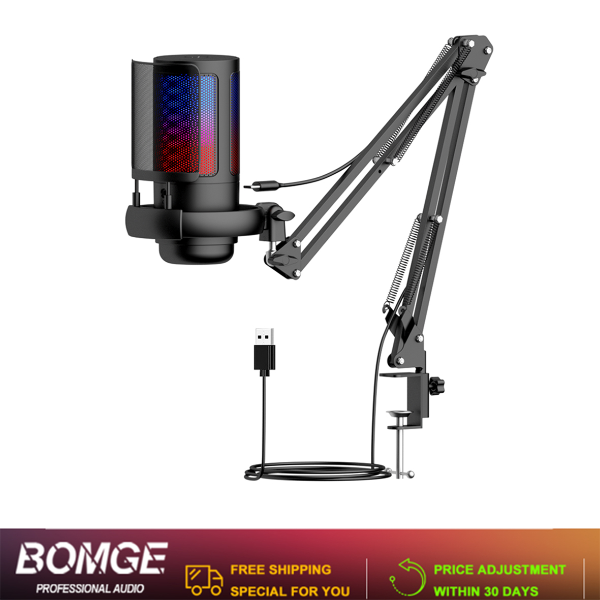  BOMGE ME6S Microfone de Condensador USB Hi Res com Redução de Ruído RGB para PC, Streaming e Podcast