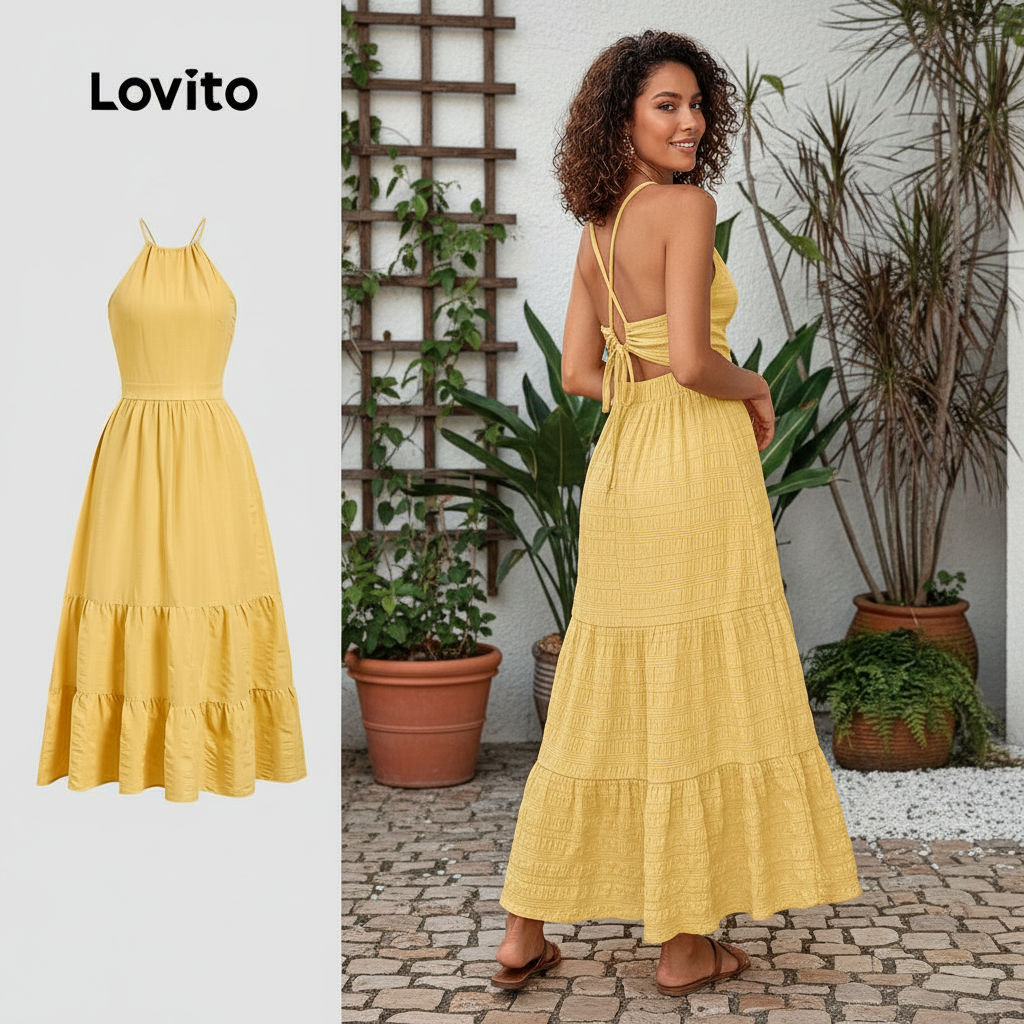 Lovito Refine Vestido Boho com Amarração Traseira Barra Plissada Primavera/verão Amarelo LBL30098 em Oferta na Shopee