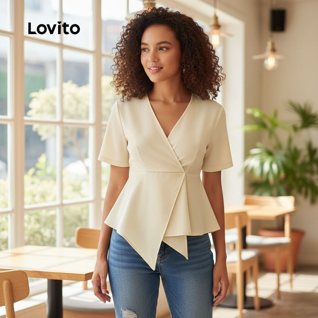 Lovito Blusa Feminina Casual Pregueada Assimétrica Primavera/verão Offwhite L138AD845 em Oferta na Shopee