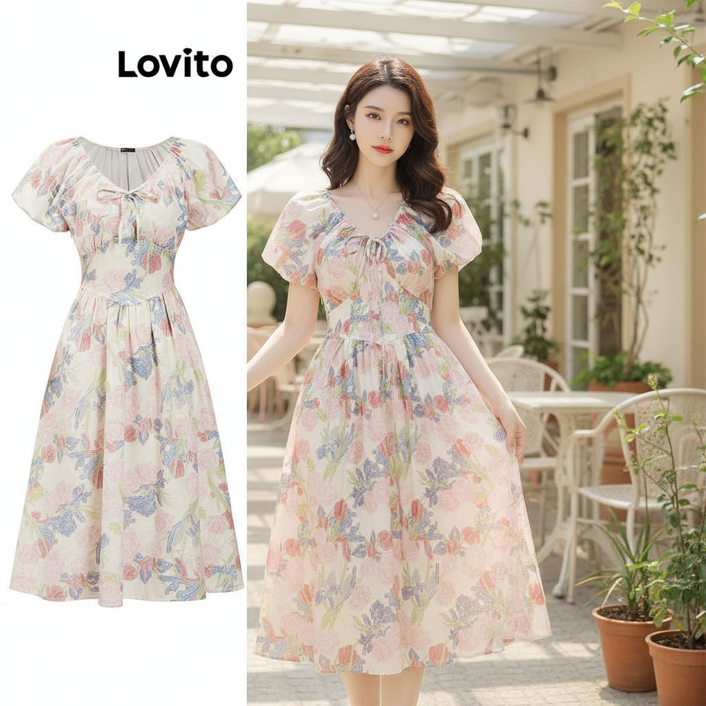 Lovito Vestido Boho Floral com Amarração para Mulheres L95ED114