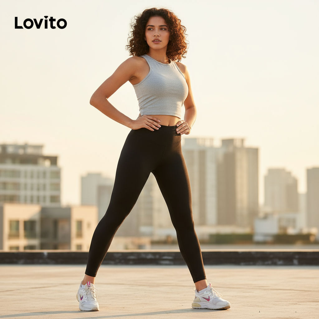 Lovito Leggings Esportivas Levanta Bumbum Alta Compressão LNA109049 em Oferta na Shopee