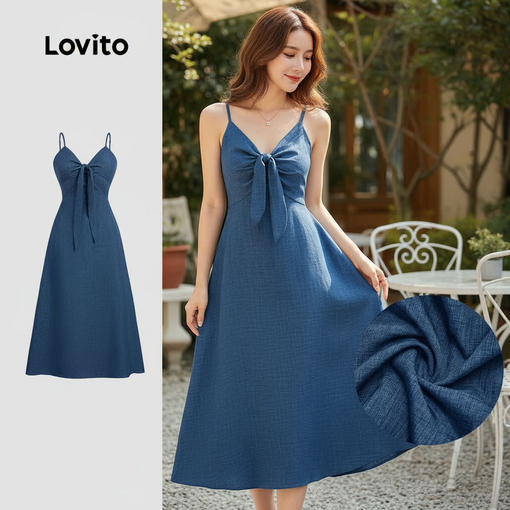 Lovito Vestido Feminino Azul com Laço Frontal e Ombro à Mostra para Primavera Verão L138ED072