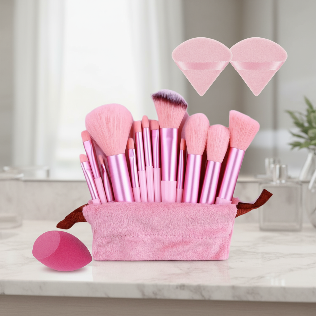 Conjunto de 13 Pincéis de Maquiagem Rosa com 2 Esponjas Triangulares Rosa e 1 Misturador Angular Vermelho Rosa,