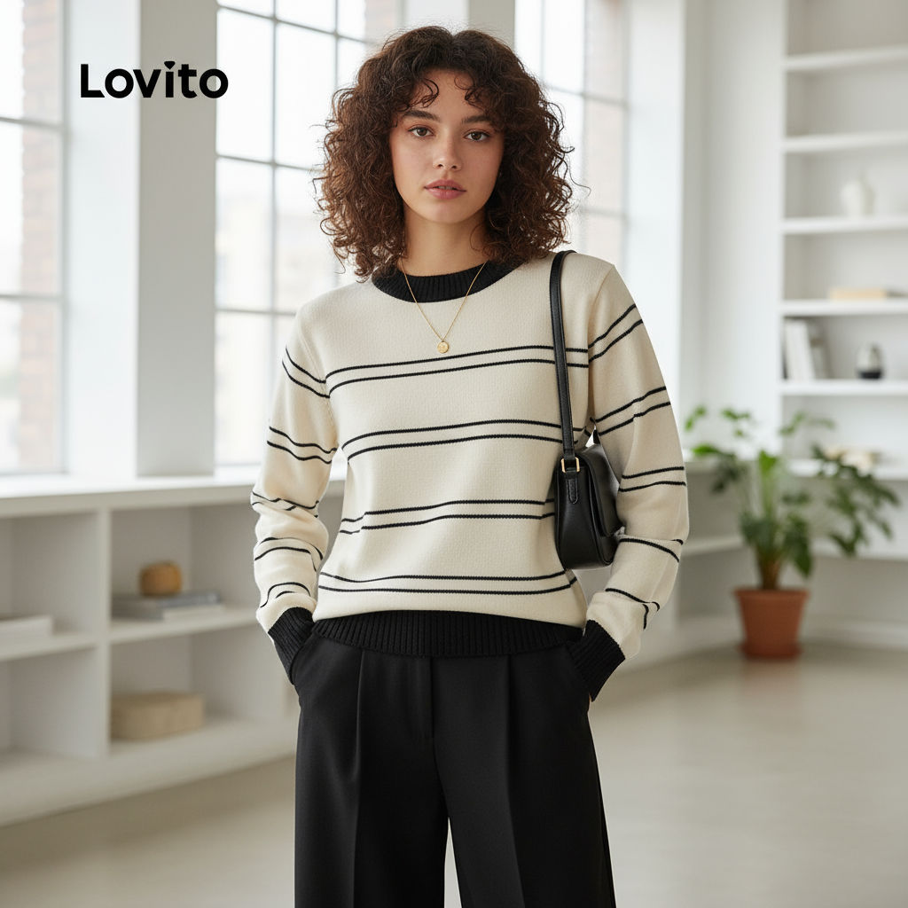Lovito Suéter Feminino Casual com Detalhes Contrastantes para Outono/Inverno Branco LNA121020 em Oferta na Shopee