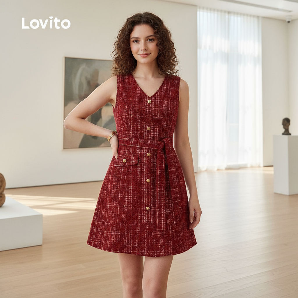 Lovito Vestido feminino com cinto para verão vermelho LBL29340 em Oferta na Shopee