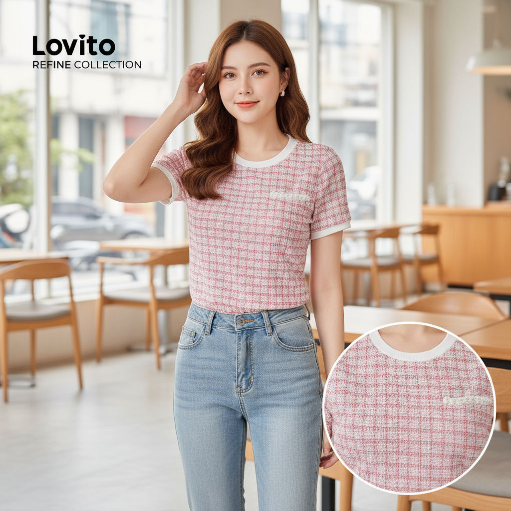 Lovito Refine Blusa Rosa Elegante Colorida com Tecido Costurado e Pérolas LR13E006 em Oferta na Shopee