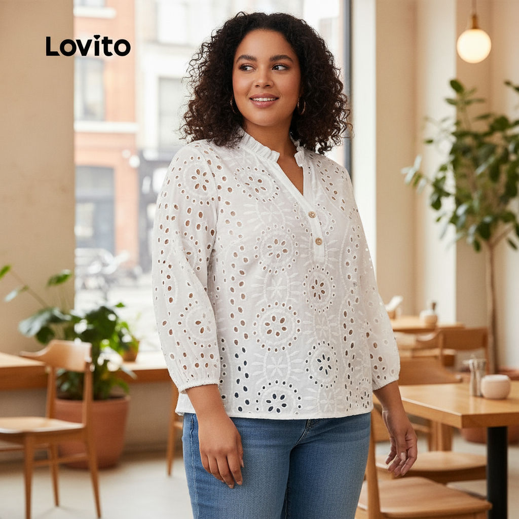 Lovito Blusa Boho Plus Size Feminina Com Bordados E Botões Para Verão Primavera LBL22272 em Oferta na Shopee