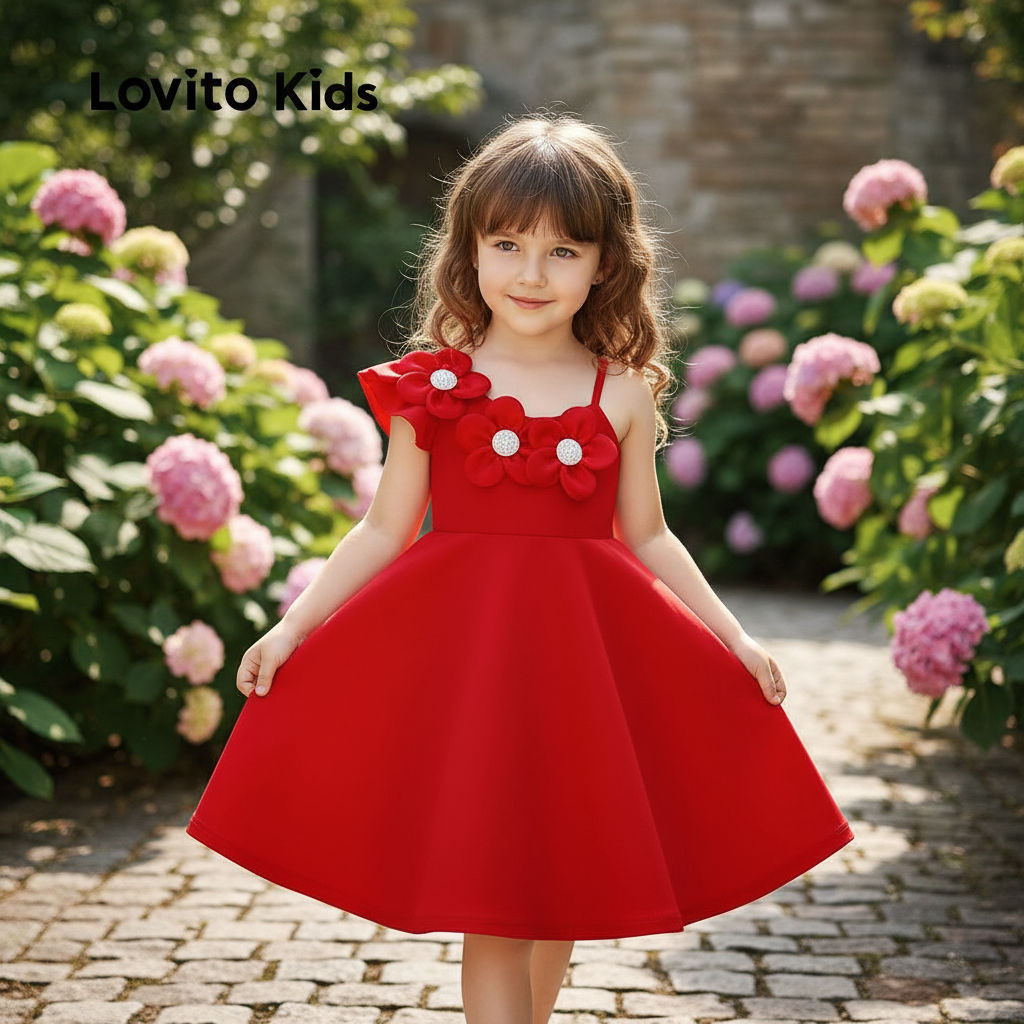 Lovito Kids Vestido Assimétrico Encantador, Primavera/Verão, Vestido Vermelho para Menina L162LD278 em Oferta na Shopee