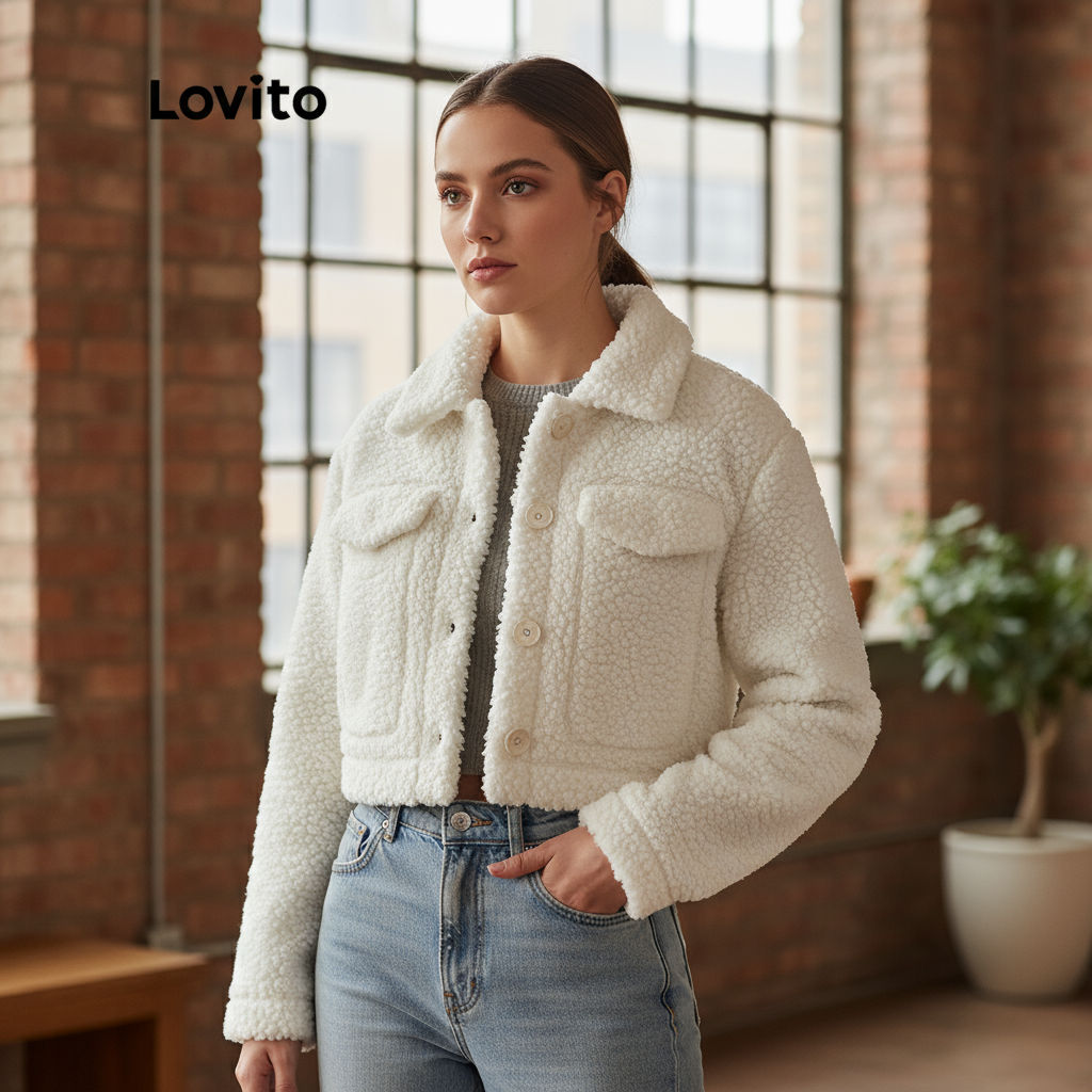 Lovito Jaqueta Feminina Casual Botão Liso Aba Frontal Pelúcia L39AD009 (Branco Off)