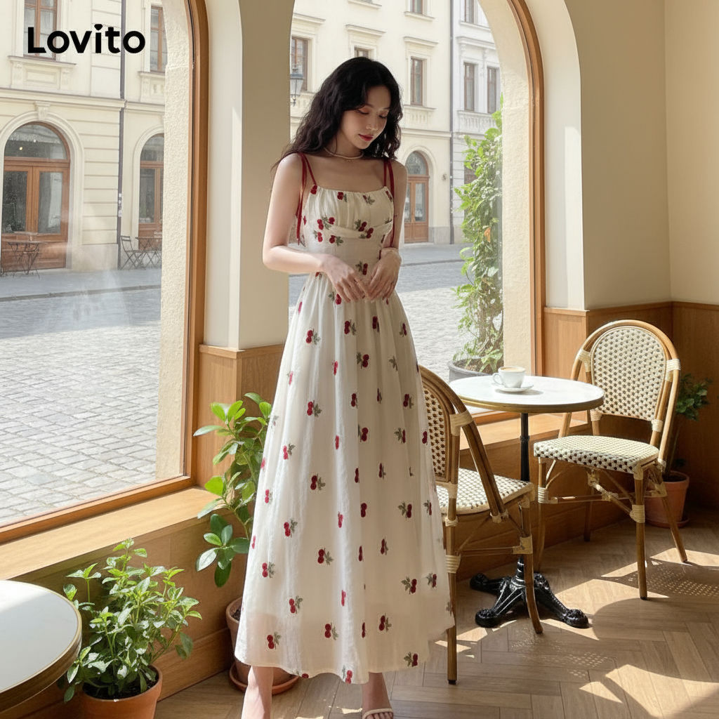 Lovito Vestido Feminino Casual Floral Com Fita Plissada E Estrutura Em Linha LNE51425 em Oferta na Shopee