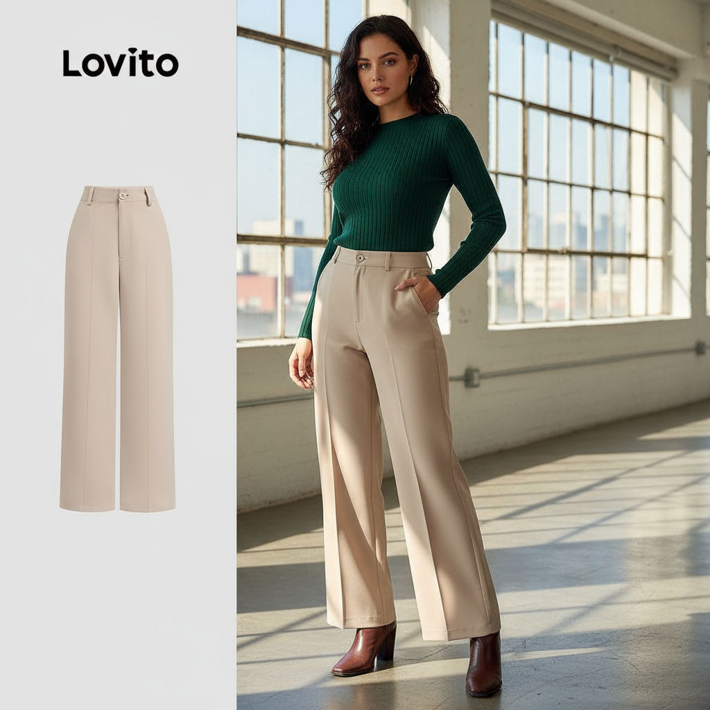 Lovito Elegante Calças Sofisticadas com Zíper e Botão para Primavera/verão Calça
