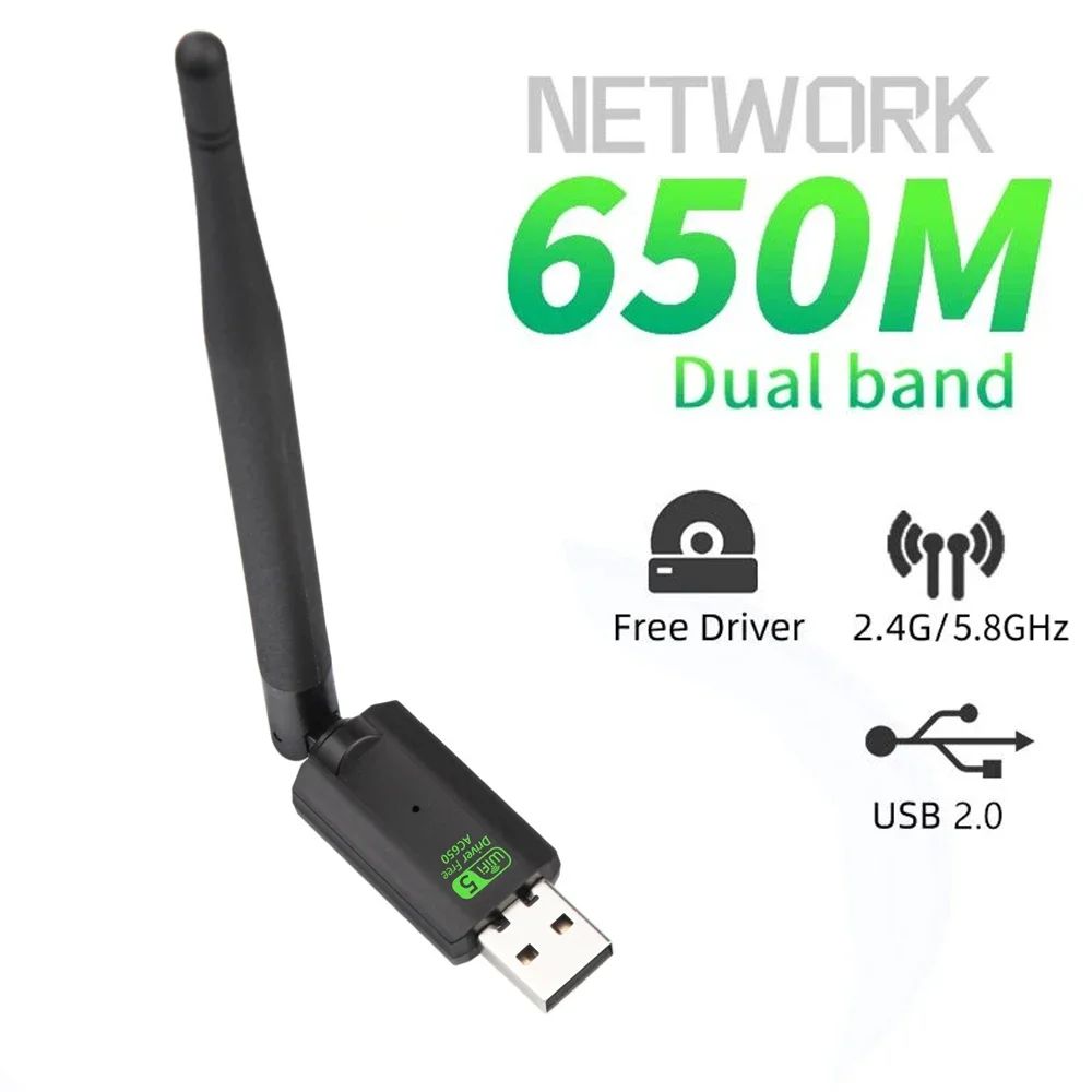Adaptador USB WiFi 600Mbps AC650 sem driver, 2.4GHz 5GHz com antena para PC, placa de rede para computador, receptor.