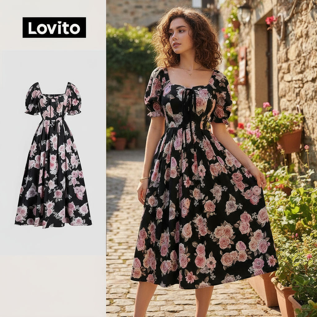 Lovito Vestido Boho com Amarração Frontal e Textura Delicada Vestido para Primavera/Verão LBL26107
