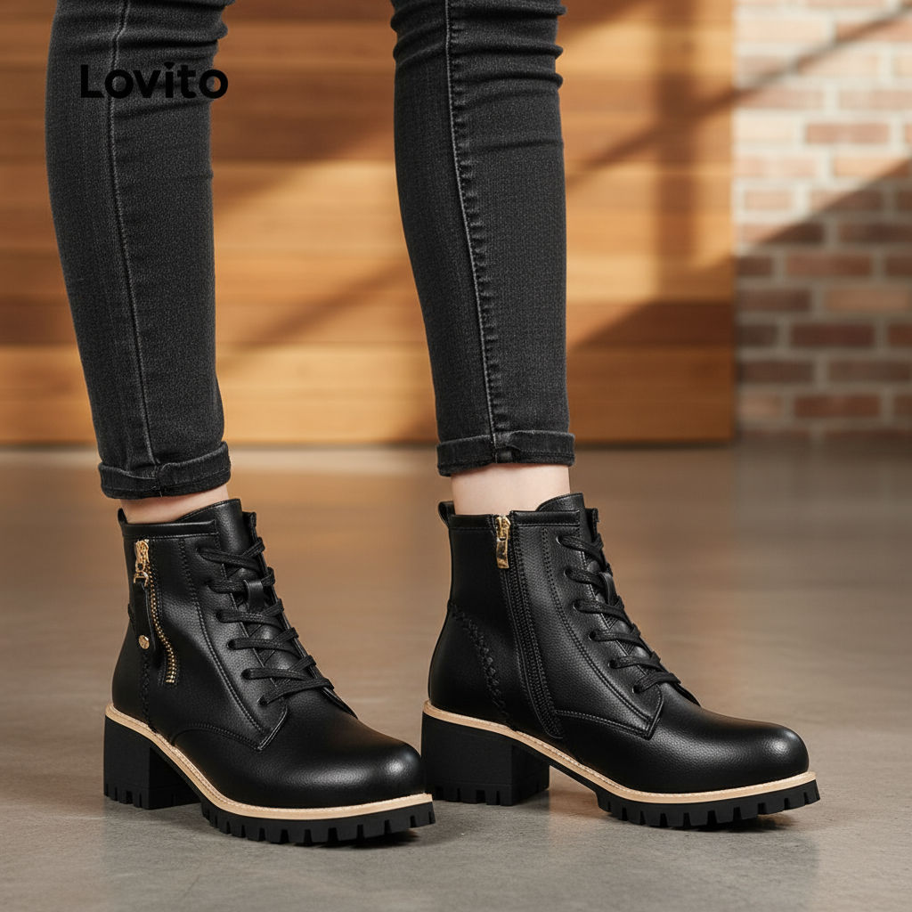 Lovito Botas Casuais Martin Botas Plataforma Sapatos Curtos para Todas As Estações Pretas LFA85033 em Oferta na Shopee