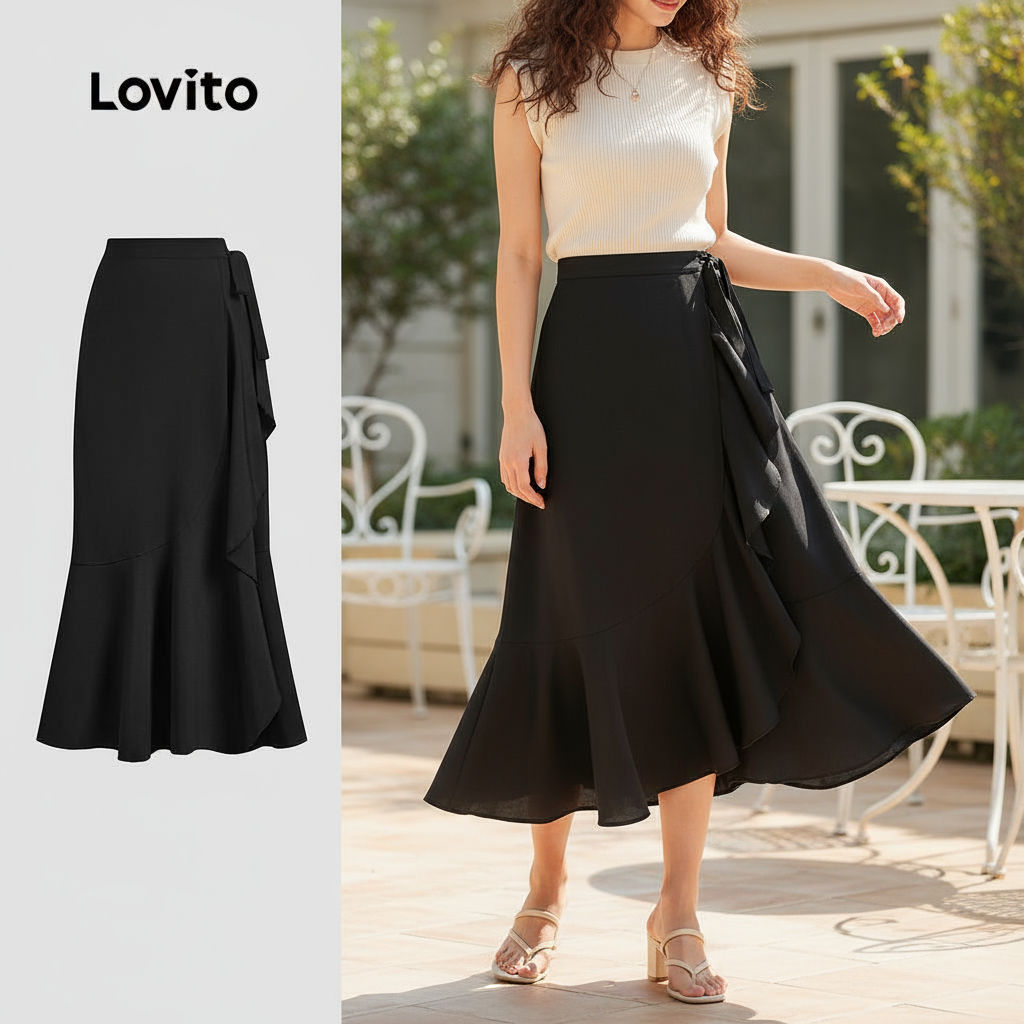 Lovito Saia Casual Feminina com Babados Frontais e Laço Liso L132ED458 em Oferta na Shopee