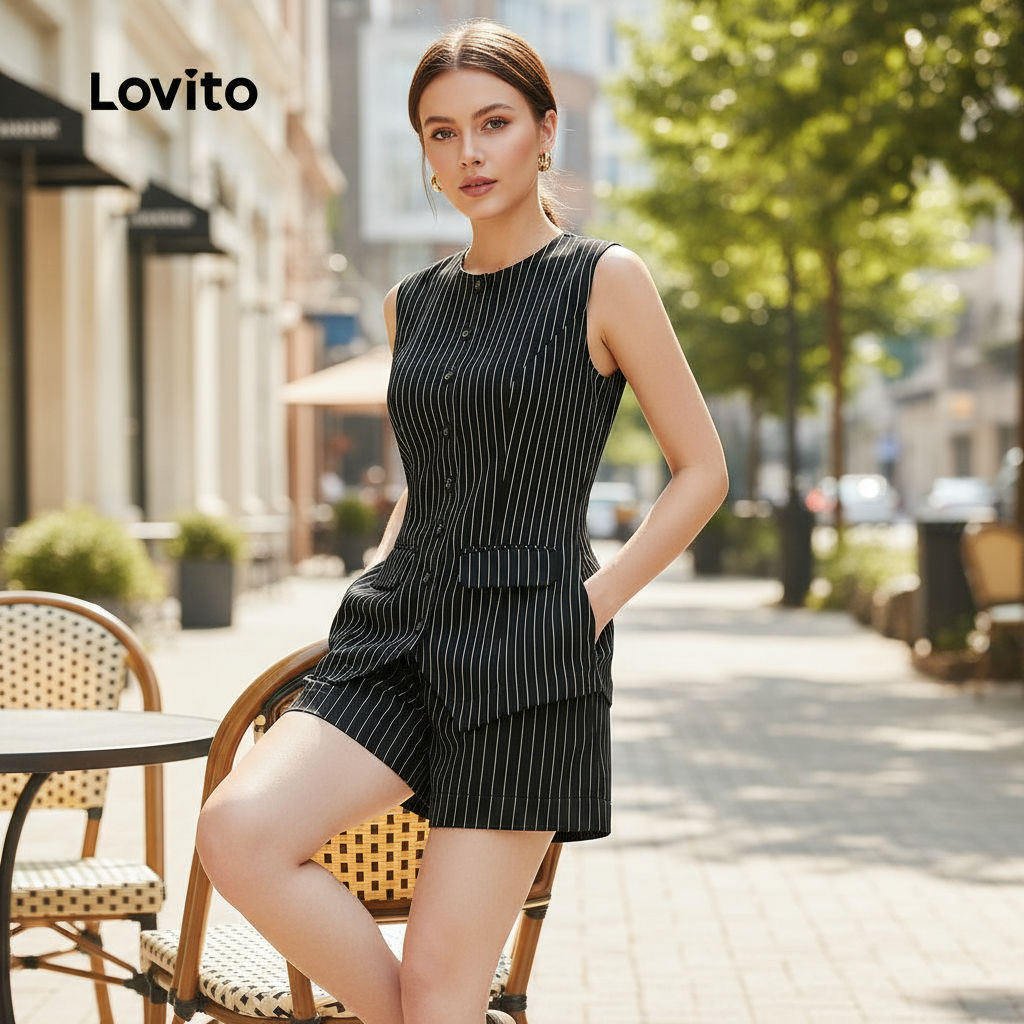 Lovito Camisas ou Calças Casuais com Bolso Falso para Primavera/Verão Blusa Feminina Preta e Branca L157ED098 em Oferta na Shopee