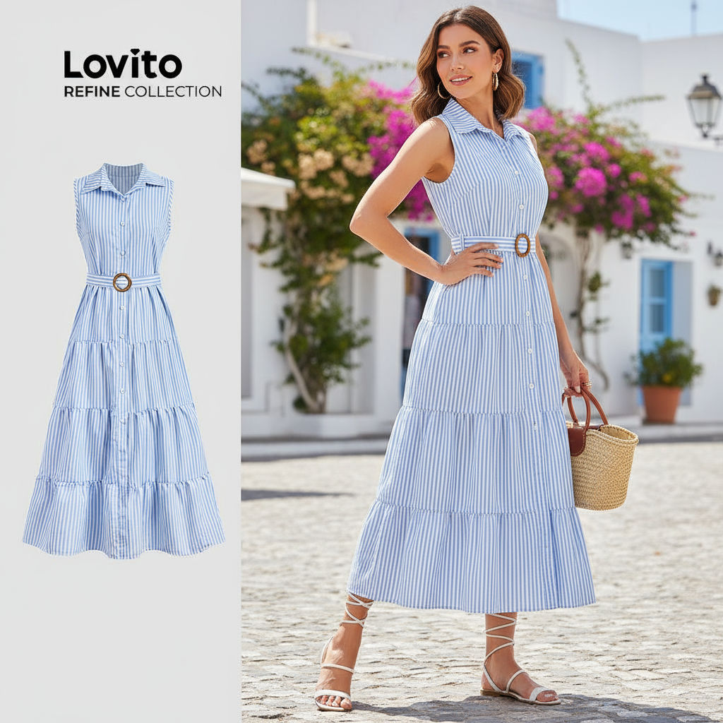Lovito Refine Vestido Feminino Elegante com Cinto Primavera Verão Multicolor LR21L017