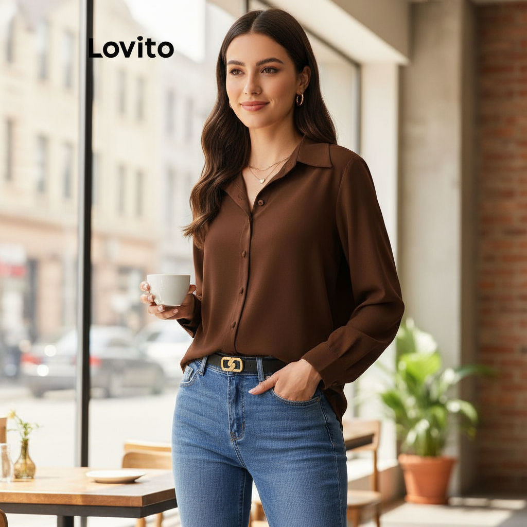 Lovito Blusa Casual Feminina Lisa Botão Frontal LNL298 em Oferta na Shopee
