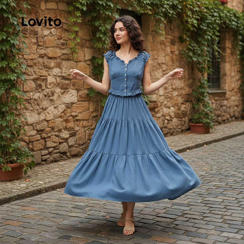 Lovito Blusa Ou Calça Azul Casual Com Babados Toque Macio Versátil Para Mulheres LBL26013 em Oferta na Shopee